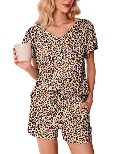 Ekouaer Schlafanzug Damen Kurz Shorty Pyjama Sommer Nachtwäsche V Ausschnitt T Shirt mit Shorts von Ekouaer