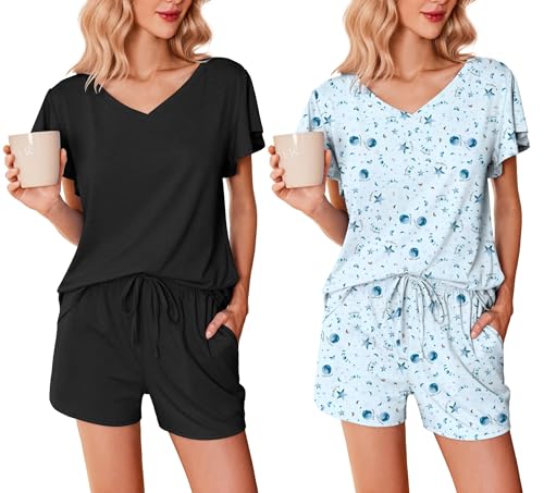 Ekouaer Schlafanzug Damen Kurz Sommer Pyjama Set 2 Pack Kurzarm Shorts Nachtwäsche Loungewear,Schwarz + Hellblaue Sterne, L von Ekouaer