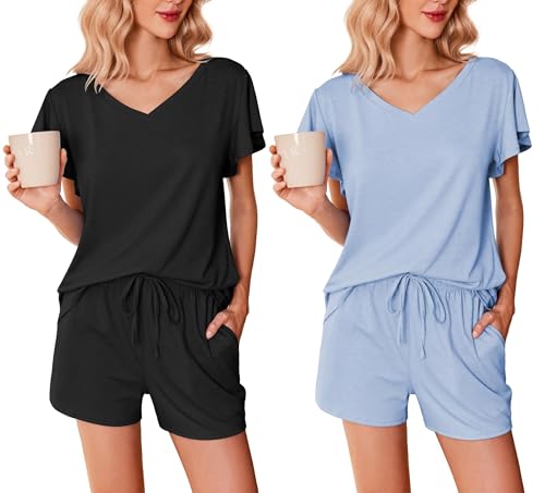 Ekouaer Schlafanzug Damen Kurz Sommer Pyjama Set 2 Pack Kurzarm Shorts Nachtwäsche Loungewear,Schwarz+Hellblau, M von Ekouaer
