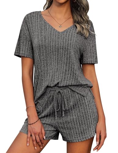 Ekouaer Schlafanzug Damen Kurz V-Ausschnitt Casual Hausanzug Rippen Urlaub Pyjamas Set Grau S von Ekouaer