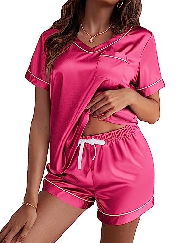 Ekouaer Schlafanzug Damen Kurz Zweiteiler Pyjama Satin Hausanzug Kurzarm Pyjama Set mit Taschen Nachtwäsche Kurzhose, Magenta, L von Ekouaer