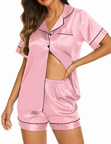 Ekouaer Schlafanzug Damen Kurz Zweiteiliger Pyjama Set Kurzarm Nachtwäsche Sleepwear Hausanzug Loungewear,Rosa,M von Ekouaer