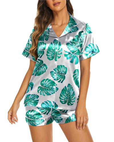 Ekouaer Satin Schlafanzug Damen Kurz Pyjamas Set Kurzarm Sommer Loungewear mit Knopf Sleepwear Hausanzug S-XXL,Weiß + Grün,S Ekouaer Satin Schlafanzug Damen Kurz Pyjamas Set Kurzarm Sommer Loungewear mit Knopf Sleepwear Hausanzug S-XXL,Weiß + Grün,S von Ekouaer