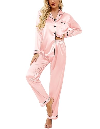 Ekouaer Schlafanzug Damen Lang Seide Pyjama Set Langarm Seiden Schlafanzug Sleepwear Hausanzug Loungewear,Rosa,L von Ekouaer