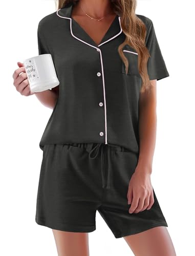 Ekouaer Schlafanzug Damen Baumwolle Kurz Pyjama Set Damen Kurzarm Schlafanzüge für Frauen Sommer Zweiteiliger mit Knöpfen und Taschen,Grau,M von Ekouaer