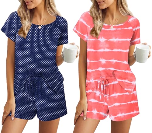 Ekouaer Schlafanzug Damen Kurzarm 2PCS Pyjama Rundhals Zweiteiliger Bequem Sleepwear Hausanzug Verstellbarer Kordelzug, Punkte+Streifen, L von Ekouaer