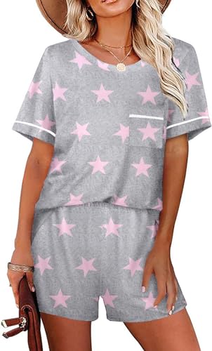 Ekouaer Schlafanzug Damen Kurzarm Pyjamas Schlafanzüge Zweiteiliger Nachtwäsche Lounge Set Kurzarm Hausanzug, Sterne Hellgrau, M von Ekouaer