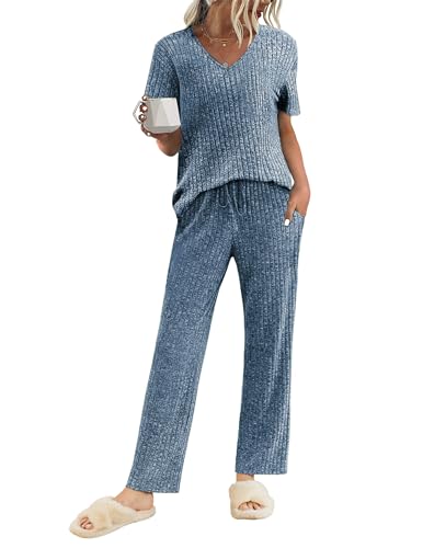 Ekouaer Pyjama Damen Herbst Kurzarm Modisch Schlafanzug Lang Hose Nachtwäsche Blau M von Ekouaer
