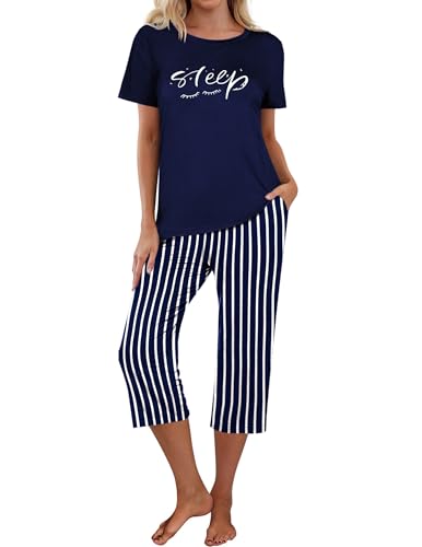 Ekouaer Schlafanzug Damen Kurzarm Pyjamas Set 3 Viertel Hose Schlafanzüge Zweiteiliger Kurz Nachtwäsche Sommer, Streifen-Blau, L von Ekouaer