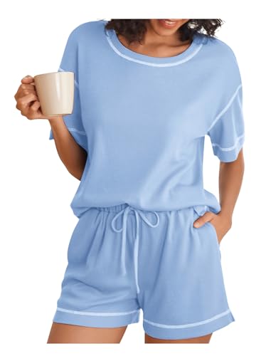 Ekouaer Schlafanzug Damen Kurzarm Rundhals Pyjama Set mit Knopfleiste Zweiteiliger Hausanzug Sommer Nachtwäsche Hellblau L von Ekouaer