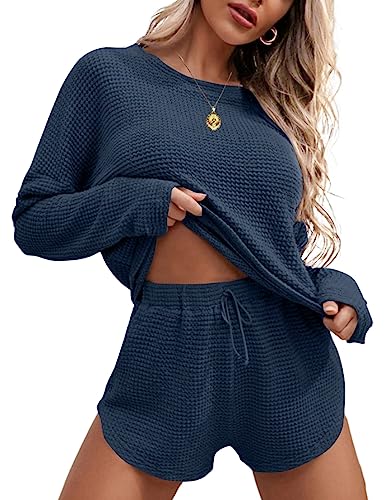 Ekouaer Schlafanzug Damen Lang Damen Pyjamaset Baumwolle Zweiteiler Damen Schlafanzug Winter Loungewear Langes Oberteil Kurze Hose Sleepwear Hausanzug Sets, Navyblau L von Ekouaer