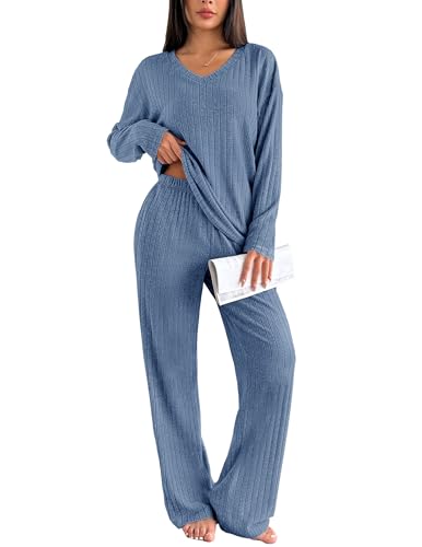 Ekouaer Schlafanzug Damen Lang Gerippt Zweiteiliger Pyjama Set Winter Loungewear Warm Hausanzug mit Flauschigem Stoff, Grau Blau M von Ekouaer