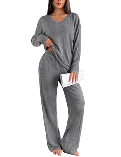 Ekouaer Schlafanzug Damen Lang Gerippt Zweiteiliger Pyjama Set Winter Loungewear Warm Hausanzug mit Flauschigem Stoff, Grau S von Ekouaer