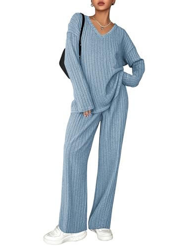 Ekouaer Schlafanzug Damen Lang Gerippt Zweiteiliger Pyjama Set Winter Loungewear Warm Hausanzug mit Flauschigem Stoff, Hellblau XXL von Ekouaer