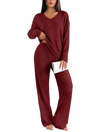 Ekouaer Schlafanzug Damen Lang Gerippt Zweiteiliger Pyjama Set Winter Loungewear Warm Hausanzug mit Flauschigem Stoff, Rot S von Ekouaer