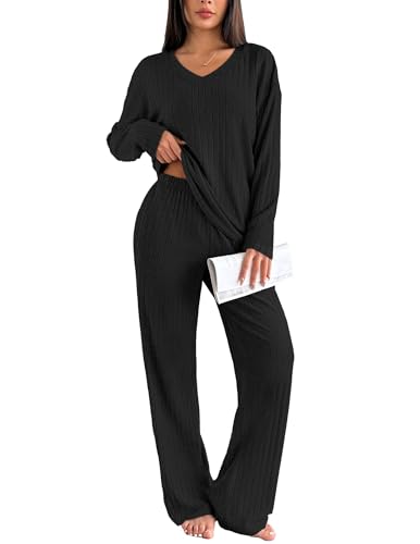 Ekouaer Schlafanzug Damen Lang Gerippt Zweiteiliger Pyjama Set Winter Loungewear Warm Hausanzug mit Flauschigem Stoff, Schwarz XL von Ekouaer