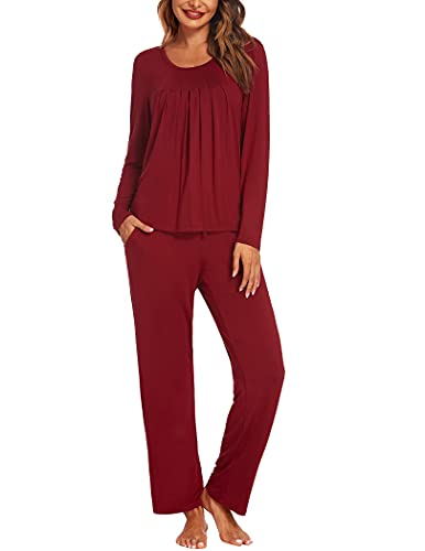 Ekouaer Schlafanzug Damen Lang Jumpsuit Winter Pyjama Langarm Hausanzug Hose Nachtwäsche Warm Loungewear, Weinrot, S von Ekouaer