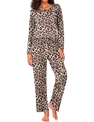 Ekouaer Schlafanzug Damen Lang Kurzarm Pyjama Set Nachtwäsche Set Zweiteiliger mit Pyjamahose und Shirt Rundhals Elastischer Bund Taschen Sleepwear Leopard S von Ekouaer