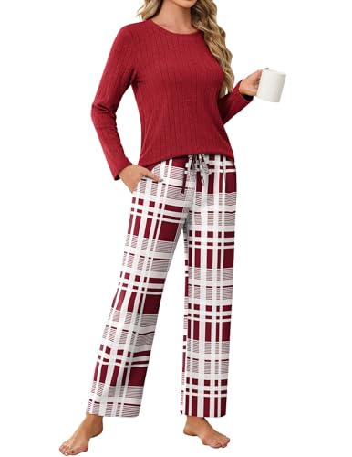 Ekouaer Schlafanzug Damen Lang Kuschelig Winter Warm Pyjama Set Kariert Pyjamahose, Rot, L von Ekouaer