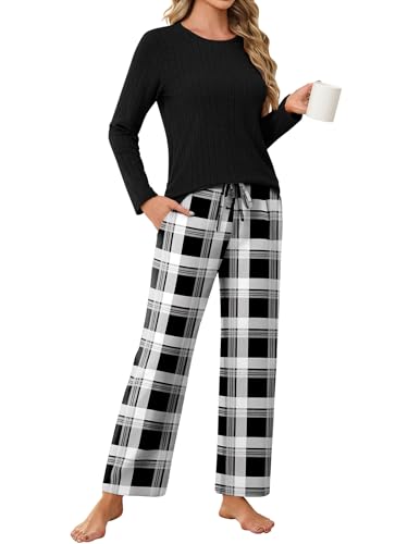 Ekouaer Schlafanzug Damen Lang Kuschelig Winter Warm Pyjama Set Kariert Pyjamahose, Schwarz, L von Ekouaer