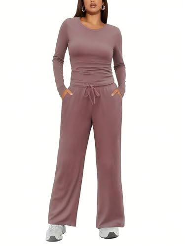 Ekouaer Schlafanzug Damen Lang Loungewear Pyjama Set Rundhals Langarm Nachtwäsche Zweiteiliger Hausanzug Weich, Braun L von Ekouaer