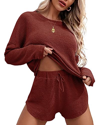 Ekouaer Schlafanzüge für Damen Pyjama Nachtwäsche Langarm Waffelstrick Damen Pyjama Schlafanzug Oberteil Damen Langarm Schlafanzug Damen Modal, Rot XXL von Ekouaer