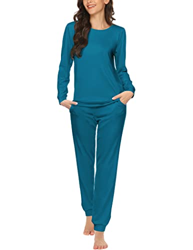 Ekouaer Schlafanzug Damen Lang Pyjama Baumwolle Nachtwäsche Winter Schlafanzüge mit Bündchen Langarm Rundhals NachtwäSche, Blaugrün L von Ekouaer