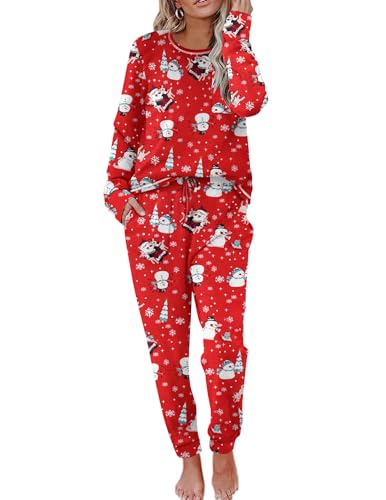 Ekouaer Schlafanzug Damen Lang Pyjama Baumwolle Nachtwäsche Winter Schlafanzüge mit Bündchen Weihnachten Damen Pyjama Lang, L von Ekouaer