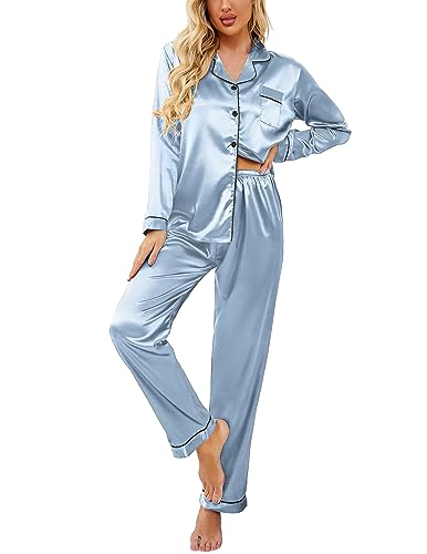 Ekouaer Schlafanzug Damen Lang Pyjama Damen Lang Pyjamas Set Zweiteiler Damen Elegant Hausanzug,Blau,M von Ekouaer