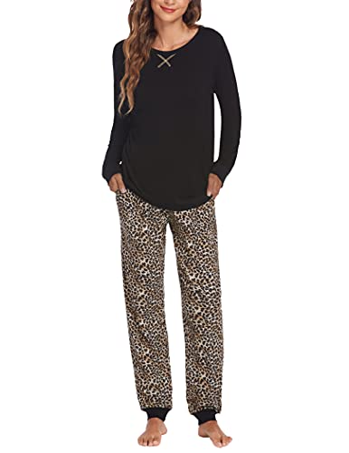 Ekouaer Schlafanzug Damen Lang Pyjama Langarm Pyjamas Set Nachtwäsche Zweiteiliger mit Damen Pyjamahose und Shirt Rundhals Elastischer Bund Taschen Sleepwear für Winter Schwarz + Leopard M von Ekouaer