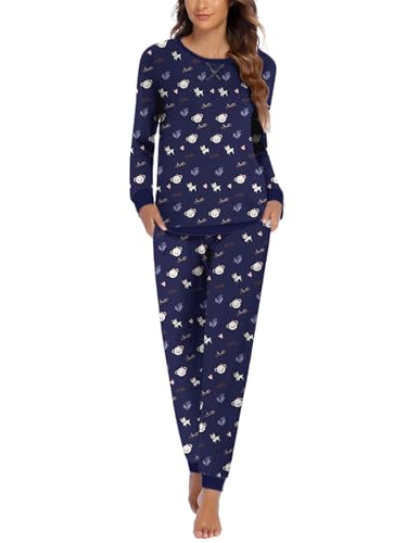 Ekouaer Schlafanzug Damen Lang Pyjama Langarm Pyjamas Set Teddy Bears Zweiteiliger mit Damen Pyjamahose und Shirt Rundhals Elastischer Bund Taschen Sleepwear für Winter Blua M von Ekouaer