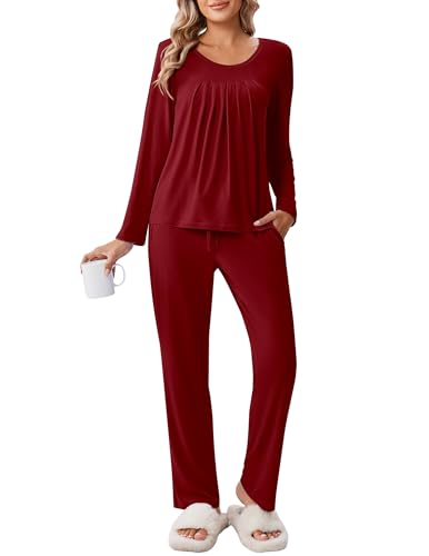 Ekouaer Warmer Pyjama Damen Schlafanzug Lang Pyjama Langarm Zweiteiler Winter Nachtwäsche Elegant Hausanzug, Weinrot, L von Ekouaer