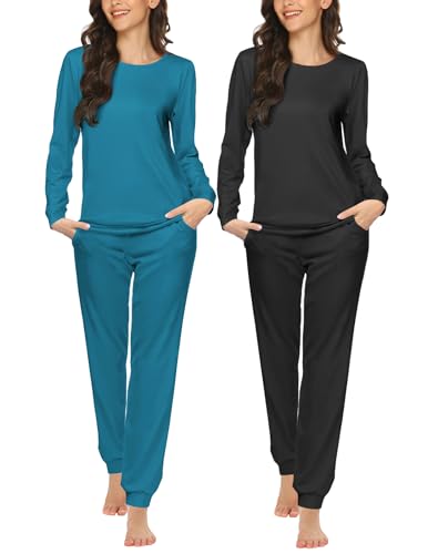 Ekouaer Schlafanzug Damen Lang Pyjama Rundhals Zweiteiliger Nachtwäsche Winter Schlafanzüge, Topas + Schwarz, L Ekouaer Schlafanzug Damen Lang Pyjama Rundhals Zweiteiliger Nachtwäsche Winter Schlafanzüge, Topas + Schwarz, L von Ekouaer