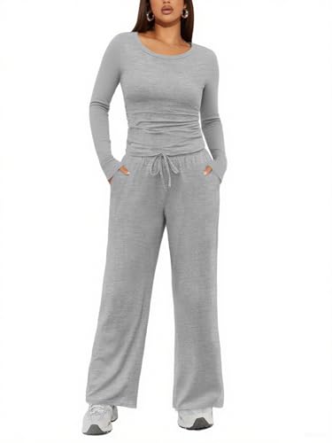 Ekouaer Schlafanzug Damen Lang Pyjama Set Langarm Nachtwäsche Sleepwear Hausanzug Loungewear Winter, Hellgrau XL von Ekouaer