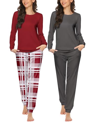 Ekouaer Schlafanzug Damen Lang Pyjama Set Rundhals Nachtwäsche Winter Schlafanzüge 2er Pack, Kariert + Dunkelgrau, XXL von Ekouaer