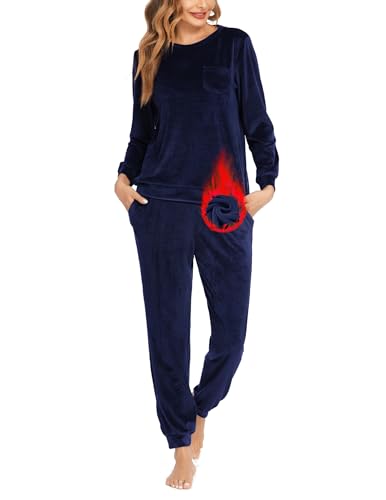 Ekouaer Schlafanzug Damen Lang Pyjama Set Rundhals Velour Winter Warm Hausanzug mit Taschen Zweiteiliger Jogginganzug Navy Blau XL von Ekouaer