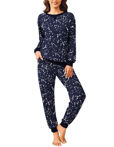 Ekouaer Schlafanzug Damen Lang Pyjama Set Star Nachtwäsche Winter Schlafanzüge mit Bündchen blau M von Ekouaer