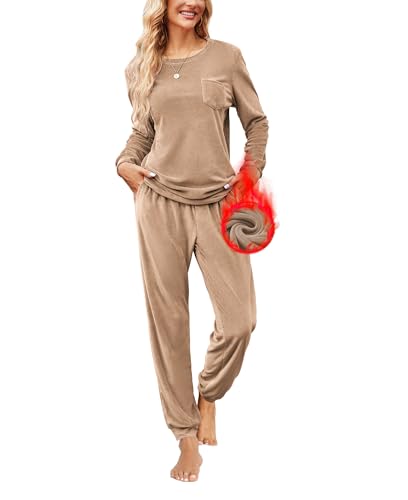 Ekouaer Schlafanzug Damen Lang Pyjama Set Velour Zweiteiler Freizeitanzug Winter Warm Hausanzug Rundhals mit Taschen Khaki L von Ekouaer