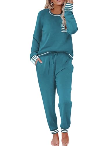 Ekouaer Schlafanzug Damen Lang Pyjama Set Winter Pyjama Rundhals Langarm Oberteile und Hosen Weich Loungewear Nachtwäsche,Blau Grün,XL von Ekouaer