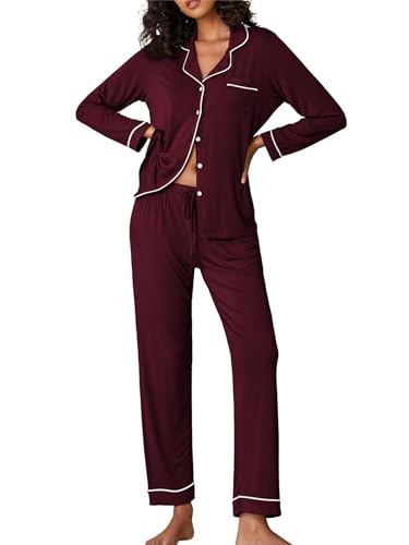 Ekouaer Schlafanzug Damen Lang Pyjama Set Zweiteiliger Damen Schlafanzug Knopfleiste V-Ausschnitt Sleepwear Oberteil und Pyjamahose Rotwein S von Ekouaer