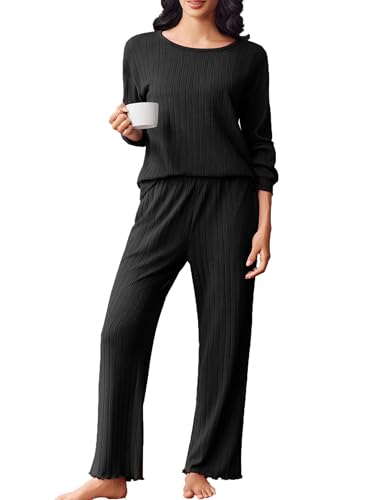 Ekouaer Schlafanzug Damen Lang Pyjama Set Zweiteiliger Gerippt Nachtwäsche Winter Sleepwear mit Bündchen Hausanzug PJs Schwarz XL von Ekouaer
