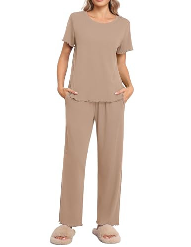 Ekouaer Schlafanzug Damen Lang Pyjama Winter Pyjama Set Kurzarm Nachtwäsche Rundhals Schlafanzüge Gestrickt Weich Sleepwear Khaki L von Ekouaer