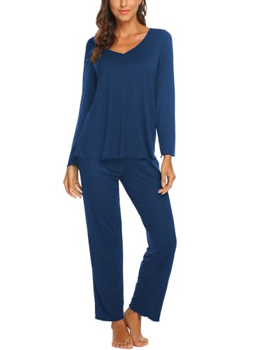 Ekouaer Schlafanzug Damen Lang Pyjama Zweiteiler V-Ausschnitt Langarm Hausanzug Leicht Pyjama Blau M von Ekouaer