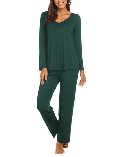 Ekouaer Schlafanzug Damen Lang Pyjama Zweiteiler V-Ausschnitt Langarm Hausanzug Leicht Pyjama Grün L von Ekouaer