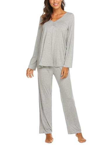 Ekouaer Schlafanzug Damen Lang Pyjama Zweiteiler V-Ausschnitt Langarm Hausanzug Leicht Pyjama Hellgrau XL von Ekouaer