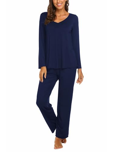 Ekouaer Schlafanzug Damen Lang Pyjama Zweiteiler V-Ausschnitt Langarm Hausanzug Leicht Pyjama Navyblau XL von Ekouaer