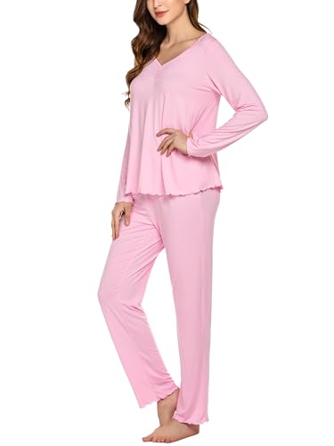 Ekouaer Schlafanzug Damen Lang Pyjama Zweiteiler V-Ausschnitt Langarm Hausanzug Leicht Pyjama Rosa L von Ekouaer