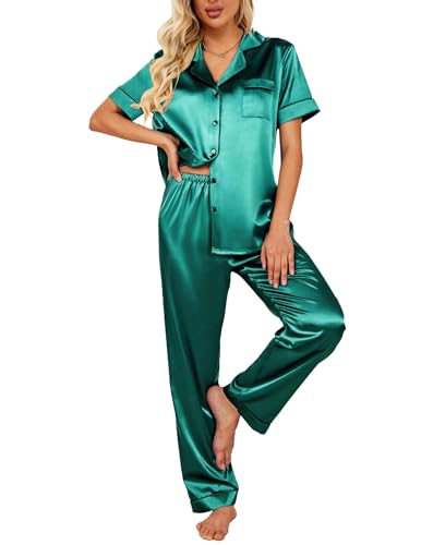 Ekouaer Schlafanzug Damen Lang Satin Schlafanzug Winter Hausanzug für Frauen Seide Pyjama Set Sleepshirt mit Knöpfe,Grün,M von Ekouaer