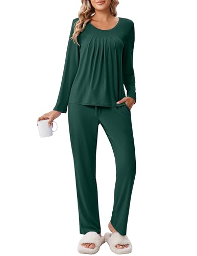 Ekouaer Schlafanzug Damen Lang Warm Pyjama Set Langarm Hausanzug Winter Nachtwäsche, Grün, XXL von Ekouaer