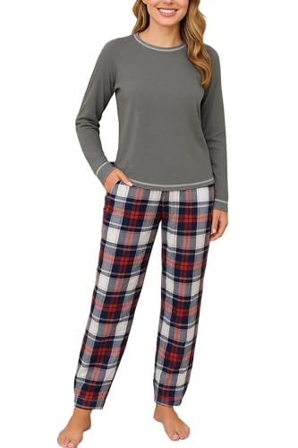 Ekouaer Schlafanzug Damen Lang Weich Pyjama Set Kuschelig Zweiteiliger Sleepwear Karierte Winter Hausanzug Marineblauweiß XL von Ekouaer